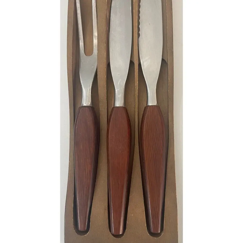 Vintage MCM Town & Country Washington Forge Fleetwood Teak Carving Knife Fork